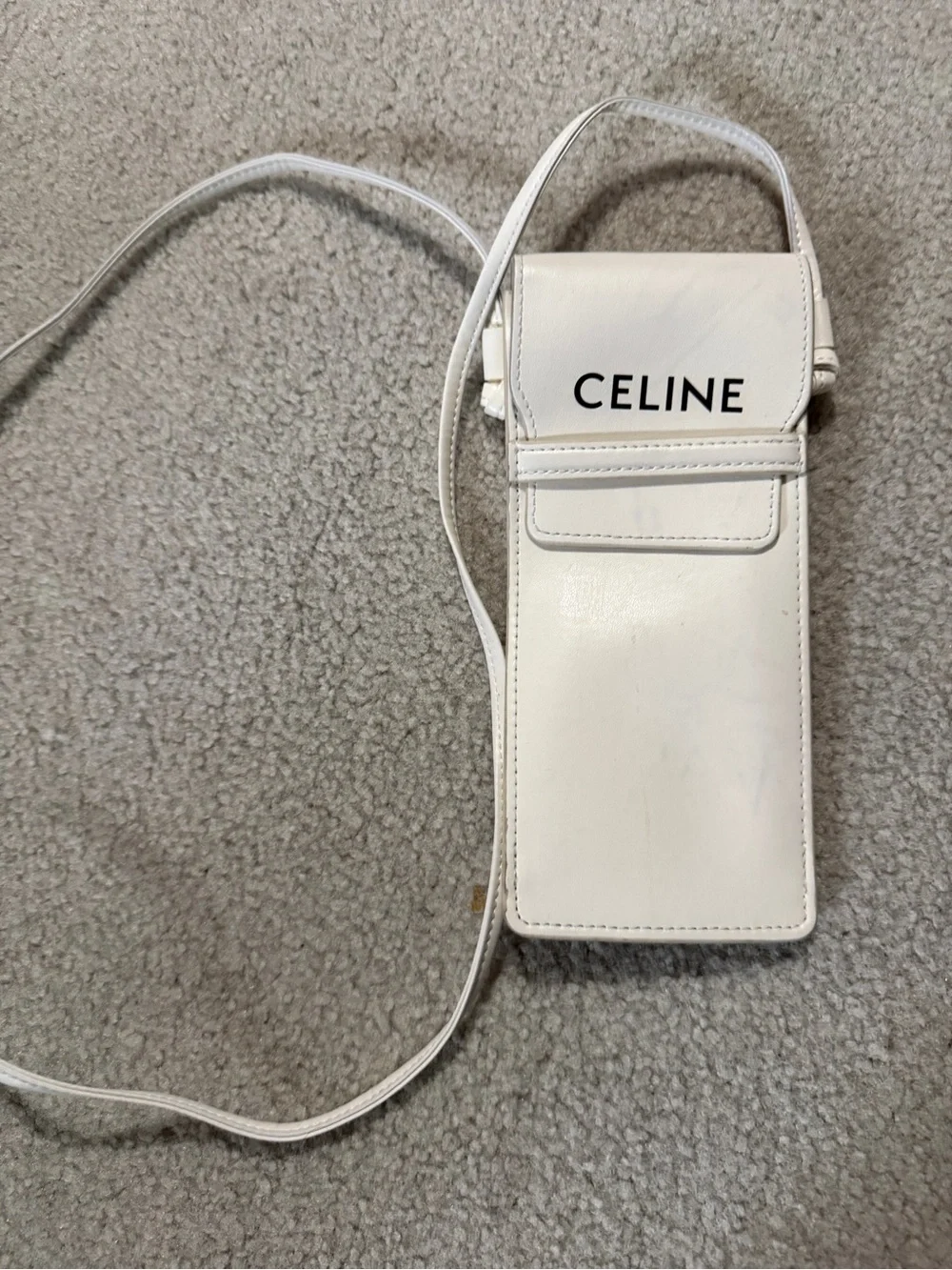 Celine White Leather Vertical Phone Pouch with Strap